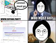 anti_sharty birthday_hat comic confetti glasses hair john_lennon meta:tagme multiple_soyjaks open_mouth sneed soyjak soyjak_party stubble toss twitter url variant:lennonjak variant:tony_soprano_soyjak who_must_go // 643x500 // 254.1KB