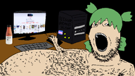 4chan a_(4chan) anime computer fat flag:transgender_pride_flag green_hair hair hairy keyboard soy soylent soylent_(cacao) soylent_bottle triforce variant:gapejak yotsoyba // 1366x768 // 152.3KB