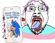 clothes eyelashes glasses hair holding_object holding_phone iphone lipstick looking_at_you makeup mustache nail_polish open_mouth purple_hair sega smeared_lipstick sonic_(series) sonic_the_hedgehog soyjak speech_bubble stubble tongue tongue_out tranny variant:bernd white_background yellow_teeth // 853x669 // 361.0KB