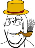 closed_mouth clothes hat monocle mustache pipe smile smoking soyjak stubble subvariant:wholesome_soyjak top_hat variant:gapejak // 668x907 // 19.2KB