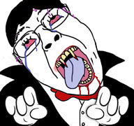 blood bloodshot_eyes cape clothes crying glasses hair hand open_mouth soyjak tongue vampire variant:bernd // 768x719 // 158.4KB