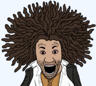 afro anime artist:hellcat bloodshot_eyes brown_hair brown_skin button clothes danganronpa:_trigger_happy_havoc danganronpa_(series) hagakure_yasuhiro jacket open_mouth soyjak stubble variant:el_perro_rabioso video_game visual_novel weed white_shirt yellow_shirt // 660x588 // 23.0KB