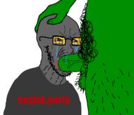 blood bloodshot_eyes blowjob crying frog glasses grey_skin meta:pornographic_content pepe soot soot_colors soyjak soyjak_party stubble subvariant:blowjak text variant:soyak // 1333x1142 // 158.7KB