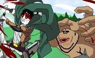 arm attack_on_titan belt belt_buckle blood clothes cloud cord golem grass hand hebrew_text holding_object holding_sword jacket judaism leg lips lying sky sonnenrad stubble subvariant:impish_amerimutt sword teutonic_order torso tree variant:chudjak variant:impish_soyak_ears // 1920x1167 // 226.4KB