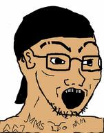 brown_skin ear glasses hair open_mouth soyjak stubble text variant:soyak // 957x1219 // 123.3KB