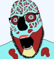 alien bald blue_skin creepy exposed_muscle glasses grey_eyes horror monster movie no_eyebrows no_nose open_mouth soyjak stubble they_live transparent_background variant:cobson // 721x789 // 56.8KB