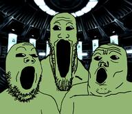 3soyjaks alien green open_mouth soyjak soyjak_trio space stretched_mouth stubble variant:gapejak variant:markiplier_soyjak variant:tony_soprano_soyjak // 968x832 // 301.1KB