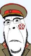 biting_lip closed_mouth clothes collar_tabs communism distorted epaulettes frown glasses hammer_and_sickle hat kolyma kuz military_uniform series:administ_soyjaks soviet_army_uniform soyjak star stubble subvariant:hornyson tattoo uniform variant:cobson // 500x900 // 188.8KB