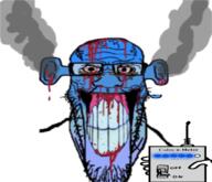 angry blood blood_on_face bloodshot_eyes bloody_tears blue blue_skin calm-o-meter closed_mouth ear fume glasses gums hand holding_object insane ogre_ears stretched_chin stubble teeth text variant:markiplier_soyjak // 800x688 // 104.2KB
