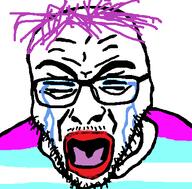closed_eyes clothes crying glasses lipstick makeup mustache open_mouth purple_hair redraw soyjak stubble tongue tranny variant:rupturejak // 423x416 // 19.2KB