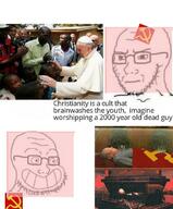 2soyjaks africa authleft calarts catholic catholicism christianity communism concerned double_standarts hammer_and_sickle lenin mao_zedong maoism negro political_compass pope smile so_true subvariant:soyak_(irritated) // 619x749 // 103.4KB