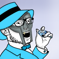 album_cover blue_background bowtie clothes ear fedora gem glasses golden_tooth holding_object looking_at_you mask mf_doom music objectsoy open_mouth ring shine special_herbs suit variant:esam variant:soyak villain // 3000x3000 // 1.2MB