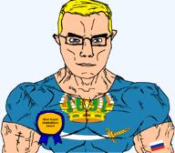 arm astrakhan_oblast award blue_eyes buff builder closed_mouth clothes crown eastern_orthodox flag flag:astrakhan_oblast flag:russia glasses hair oblast orthodox_cross russia ship soyjak subvariant:chudjak_front subvariant:muscular_chud sword text transparent transparent_background tshirt variant:chudjak vein yellow_hair // 1059x929 // 147.5KB