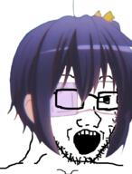 anime bowtie chunibyo_demo_koi_ga_shitai ear eyepatch female glasses hair open_mouth purple_hair soyjak stubble takanashi_rikka variant:soyak // 690x907 // 346.8KB