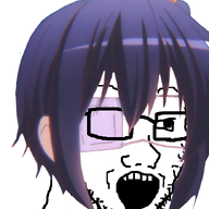 anime bowtie chunibyo_demo_koi_ga_shitai ear eyepatch female glasses hair open_mouth purple_hair soyjak stubble takanashi_rikka variant:soyak // 690x907 // 346.8KB