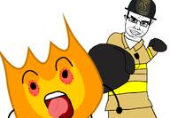 ack battle_for_dream_island bloodshot_eyes boxing firefighter firey_(bfdi) helmet insignia punch radio subvariant:chudjak_front variant:chudjak white_background // 1013x700 // 170.5KB