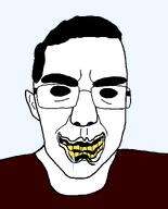 black_eyes black_sclera clothes creepy dark_red_shirt drool evil grin hair happy ominous red_shirt rotten_teeth scary smile subvariant:patrick teeth variant:chudjak white_skin yellow_teeth // 986x1224 // 25.4KB