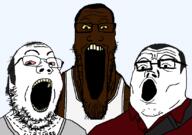 3soyjaks balding black_skin bloodshot_eyes clothes franklin_clinton glasses grand_theft_auto grand_theft_auto_v grey_hair hair michael_de_santa negro open_mouth sleeveless_shirt soyjak soyjak_trio stubble tattoo text trevor_philips variant:gapejak variant:markiplier_soyjak variant:tony_soprano_soyjak yellow_sclera yellow_teeth // 828x581 // 45.2KB