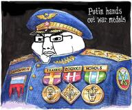 3soyjaks angry closed_mouth ear fat glasses hohol medal military military_cap nafo nato pig pink_skin russia russo_ukrainian_war soyjak tranny ukraine uniform variant:bernd variant:chudjak variant:markiplier_soyjak vladimir_putin // 1024x853 // 1.4MB