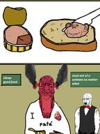 3soyjaks angry bloodshot_eyes calm closed_mouth food fume glasses heart i_love pate restaurant stubble sweating text variant:impish_soyak_ears variant:markiplier_soyjak variant:soyak waiter // 573x766 // 97.7KB