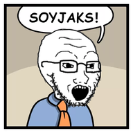 bald clothes english_text glasses looking_to_the_right open_mouth series:soyjaks? soyjak speech_bubble stonetoss suit teeth teeth_showing text variant:soyak white_skin // 500x500 // 103.5KB