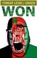 afghanistan ahegao arabic_text country emerald flag flag:afghanistan gem glasses green green_eyes hair looking_up open_mouth schlog_color_event soyjak soyjak_blog stubble teeth text threat_level_green variant:cobson won wreath // 721x1115 // 322.4KB