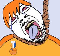 badge bloodshot_eyes clothes crying glasses hanging open_mouth orange_hair rope soyjak soyjak_party soyzellig_party stubble suicide tongue variant:bernd zach zarty // 768x719 // 41.6KB