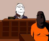 2soyjaks angry arm biting_lip black_skin clothes court creepy distorted drawn_background evil fat glasses hammer hat judaism judge kippah large_nose ominous prisoner rape robe shadow smile soyjak stubble subvariant:hornyson variant:cobson variant:gapejak // 1247x1051 // 294.0KB