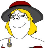blond clothes female femjak hat kate kate_hikes medal meta:tagme oldfag smile soot_colors soyjak_party subvariant:gapejak_female text variant:gapejak wholesome // 940x992 // 87.9KB