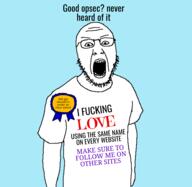 award blue_background clothes doxxed glasses looking_at_you open_mouth soyjak stubble text tshirt variant:tewi // 955x928 // 118.5KB