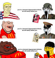 amerimutt black_skin brown_skin china crying fat flag hair hand holding_object mcdonalds mutt nazism obese soviet_union subvariant:impish_amerimutt text uniform united_states variant:cryboy_soyjak variant:impish_soyak_ears yellow_skin // 2037x2146 // 1.7MB