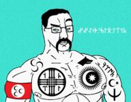 a10_eyes ancient_turkic_text armband central_asia central_asian_tvrk eyebrows glasses looking_to_the_left moustache muscular_male ottoman_crescents shangrak slant_eyes star_and_crescent tattoo tengrian_crescent tengrism turan turkic turkic_paganism turkic_runes turkic_ultranationalism turkish_swastika turquoise_background variant:chudjak white_skin // 1700x1321 // 2.8MB
