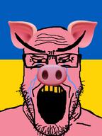 animal beard bloodshot_eyes country crying ear emoticon flag flag:ukraine glasses large_eyebrows large_nose open_mouth pig snout soyjak stubble ukraine variant:markiplier_soyjak yellow_teeth // 600x800 // 138.9KB