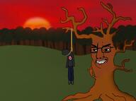anhero antifa brown_skin chud closed_mouth drawn_background forest glasses hanging lynching noose rope smile smug sun sunset tree variant:chudjak // 898x667 // 67.8KB