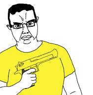 black_hair creator_(user) desert_eagle ear glasses holding_gun sam_hyde thick_eyebrows variant:chudjak yellow_shirt // 1183x1200 // 72.0KB