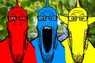 3soyjaks antenna blue_skin ear forest glasses irl_background nintendo no_mouth no_nose open_mouth pikmin red_skin soyjak stubble variant:markiplier_soyjak video_game yellow_skin // 1345x900 // 413.3KB