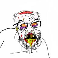 balding blood bloodshot_eyes booger brain cross_eyed disgusting drool eyebags glasses hunchback lobotomy missing_teeth mucus mustache open_mouth rotten_teeth scar soyjak stubble variant:feraljak yellow_sclera zombie // 1000x1000 // 229.5KB