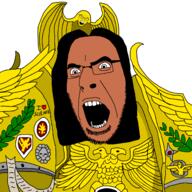 2soyjaks angry aquila armor brown_skin emblem emperor_of_mankind glasses gold hair i_love long_hair medal open_mouth soyjak stubble variant:cobson variant:feraljak warhammer // 1378x1378 // 661.3KB