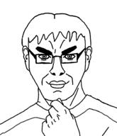 artist:nathaniel_higson closed_mouth ear fist glasses hair smile soyteen steve_jobs subvariant:steve_chuds template thick_eyebrows thinking uniform variant:chudjak // 1716x2000 // 151.2KB