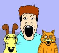 3soyjaks animal brown_hair cat clothes dog garfield glasses hair jon_arbuckle odie_(garfield) open_mouth soyjak stubble variant:dogjak variant:markiplier_soyjak variant:meowjak whisker // 1200x1080 // 38.2KB