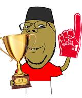 arm brown_skin clothes country flag foam_finger glasses hand hat holding_object indonesia smile soyjak stubble subvariant:wholesome_soyjak trophy variant:gapejak // 1000x1200 // 313.9KB