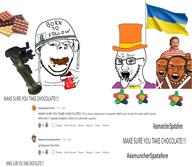 arm bloodshot_eyes bowtie candy charlie_and_the_chocolate_factory choco_bugs chocolate clothes combat_helmet country crying flag food glasses green_hair hair hand hat helmet holding_object m1_helmet multiple_soyjaks mustache oompa_loompa open_mouth orange_skin red_eyes reddit rocket_launcher russo_ukrainian_war smile soyjak stubble subvariant:wholesome_soyjak suit text top_hat u_assmuncherspatafore u_sloppysalmon32 ukraine variant:feraljak variant:gapejak variant:soyak willy_wonka // 3451x2998 // 3.2MB