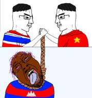 3soyjaks arm black_skin bloodshot_eyes brown_skin cambodia closed_mouth clothes crying dead flag flag:cambodia flag:thailand flag:vietnam glasses hair hand handshake handsome hanging mustache open_mouth purple_hair rope side_profile smile smug soyjak stubble thailand tongue variant:bernd variant:chudjak vietnam yellow_teeth // 1560x1677 // 168.3KB