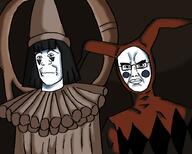 art background classical_art_parody clothes clown costume eyebrows facepaint frown glasses hair hat jester long_hair looking_to_the_left makeup multiple_soyjaks neutral nose red_shirt shade shading shadow subvariant:chudjak_front subvariant:neutralplier traced variant:chudjak variant:markiplier_soyjak white_shirt white_skin wrinkles // 735x590 // 186.7KB