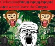 civilization_(bongo_bongo_bongo) closed_mouth jungle monkey multiple_soyjaks mustache open_mouth smile soyjak stubble text variant:a24_slowburn_soyjak variant:impish_soyak_ears variant:monkeyjak variant:soyak // 692x580 // 459.4KB