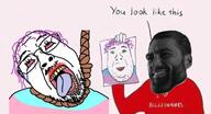 ack beard bloodshot_eyes crying gigachad glasses hanging i_heart meta:gigachaded meta:not_oc nas:gigachad open_mouth purple_hair red_eyes red_shirt rope suicide tear tongue tranny troon variant:bernd variant:unknown yellow_teeth you_look_like_this // 1080x583 // 65.5KB