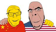 2soyjaks amerimutt china clothes friendship glasses hand happy looking_at_you no_more_brother_wars smile soyjak star_(symbol) stubble tan_skin teeth united_states variant:cobson variant:feraljak yellow_skin // 1920x1080 // 208.2KB