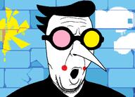 angry big_glasses black_shirt blue_background brick_wall clothes cloud deltarune double_chin glasses goggles hair lips long_nose makeup open_mouth round_glasses soyjak spamton stubble sun surprised undertale variant:slatejak video_game // 1250x900 // 87.8KB