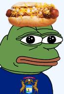amphibian bald bread bun cheese chili chili_dog closed_mouth clothes coney_dog flag:michigan food frog green_skin hotdog irl lips looking_at_you meat michigan michigan_dog mustard nas nas:pepe onion pepe_the_frog series:pepe_hat state transparent_background tshirt united_states // 1344x1973 // 990.9KB
