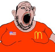 amerimutt balding black_sclera brown_skin ear fat flag:united_states gynaecomastia hair lips mcdonalds mutt open_mouth red_shirt star_of_david stubble united_states variant:gapejak white_background yellow_teeth // 1390x1314 // 42.5KB